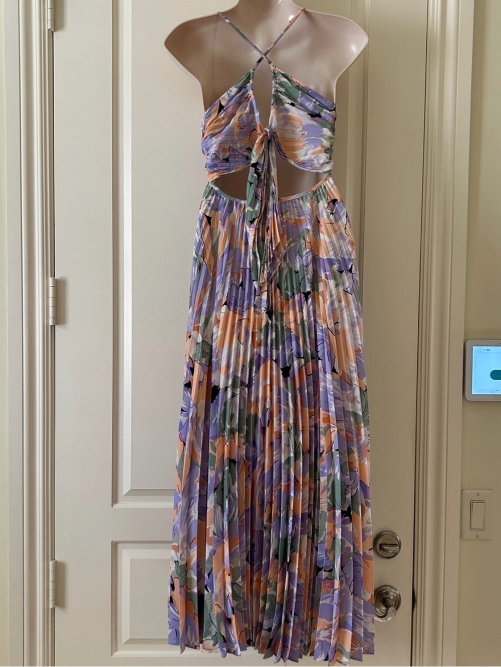 Astr Floral Pleated Midi Dress in Lavender, Peach, Green - Picture 7 of 10